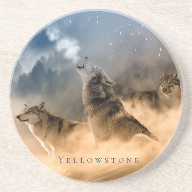 Round Yellowstone Coaster-Sandstone 3 Wolves Coast Coaster (Front)