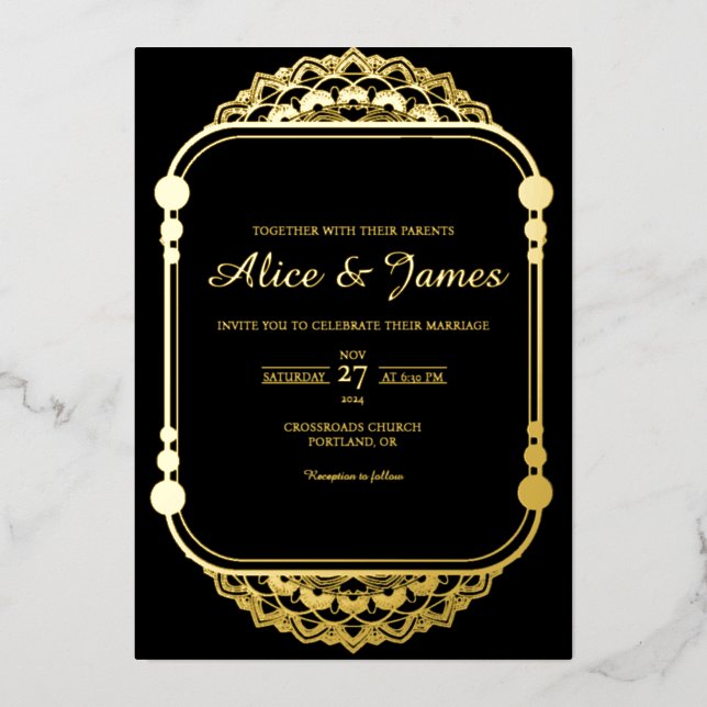 Rounded Arch Mandala Frame Black Gold Foil Wedding (Front)
