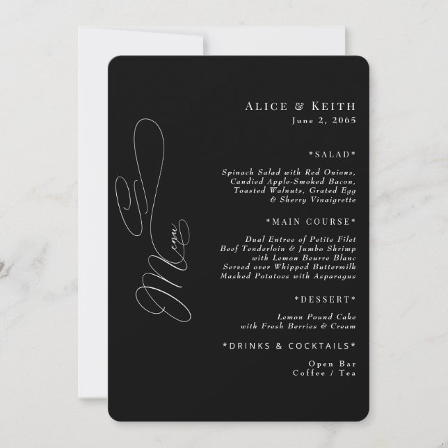 Rounded Black Elegant Wedding Menu Invitation (Front)