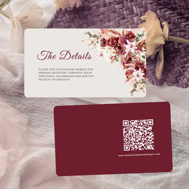 Rounded Mini Burgundy Floral QR Wedding Details Enclosure Card (Creator Uploaded)