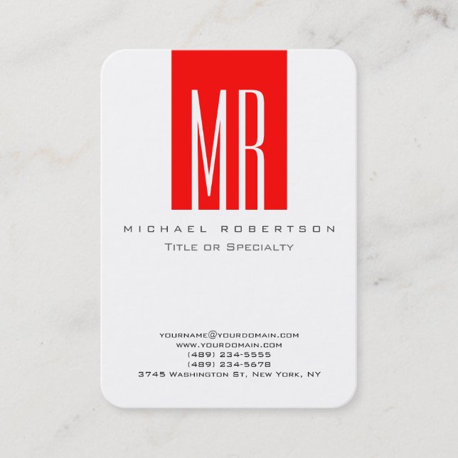 Rounded Monogram White Red Stripe Business Card (Front)