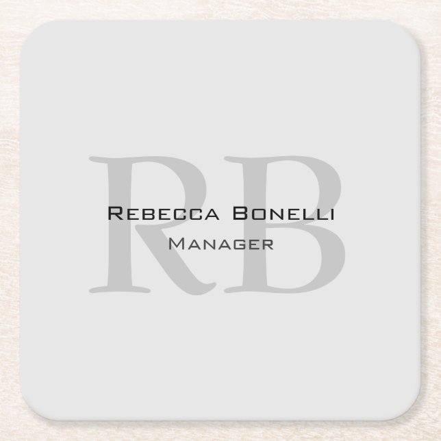 Rounded White Grey Monogram Manager Square Paper Coaster (Front)