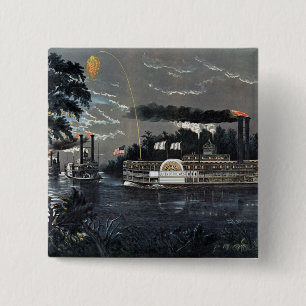 Rounding a Bend on the Mississippi Steamboat 15 Cm Square Badge