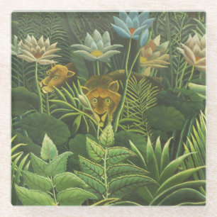 Rousseau Tropical Jungle Lion Painting Glass Coaster