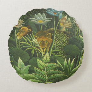 Rousseau Tropical Jungle Lion Painting Round Cushion