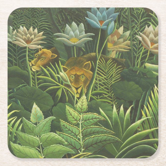 Rousseau Tropical Jungle Lion Painting Square Paper Coaster (Front)