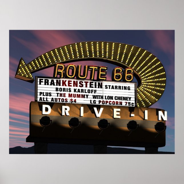 Route 66 Drive-In Retro Neon Poster (Front)