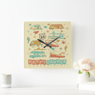 Route 66 Happy Camper Square Wall Clock