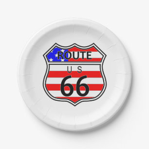 Route 66 Highway Sign With Flag Paper Plate