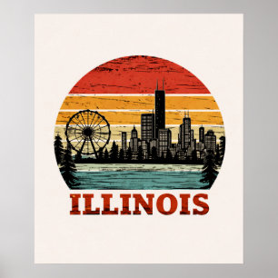 Route 66 Illinois Chicago Skyline Retro Stripe Sun Poster