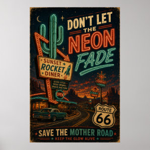 Route 66 Neon Diner Desert Road Trip Nights Poster