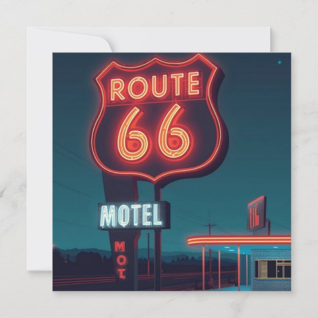 Route 66 Neon Motel Night Travel Art Holiday Card (Front)