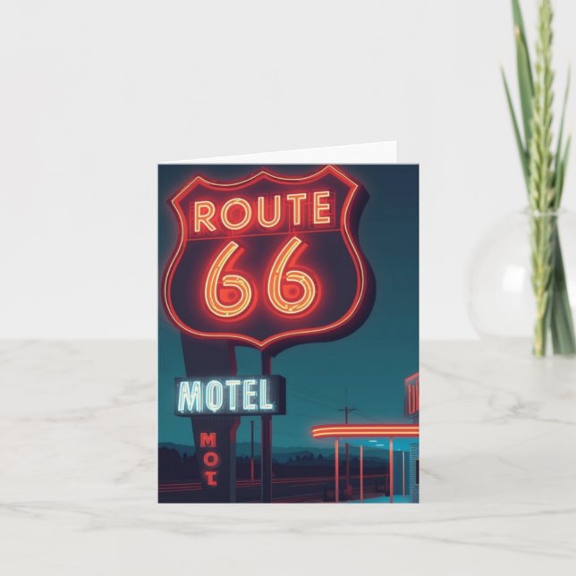Route 66 Neon Motel Night Travel Art Holiday Card (Front)