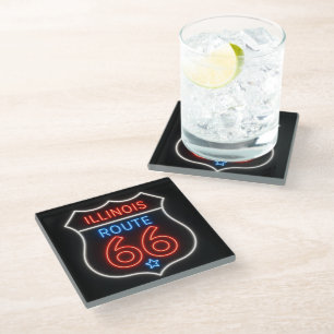Route 66 Neon Sign Illinois Americana Glass Coaster