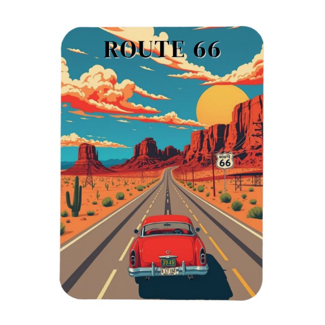 Route 66 Red Car Desert Drive Vintage Magnet (Vertical)