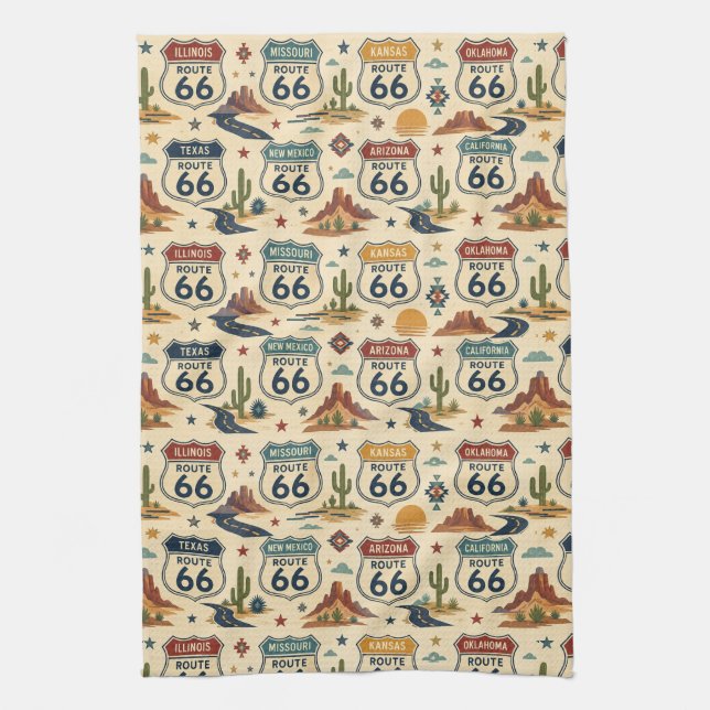 route 66 Retro Kitchen Roadside Decor Tea Towel (Vertical)