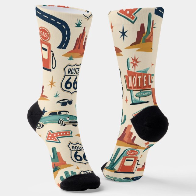 route 66 Retro Motel Desert Road Trip Style Socks (Angled)