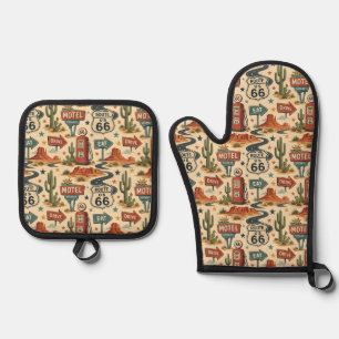 Route 66 Retro Roadside Americana Cooking Style Oven Mitt & Pot Holder Set