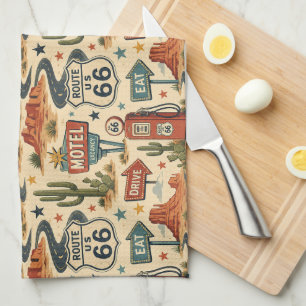 Route 66 Retro Roadside Americana Kitchen Decor Tea Towel