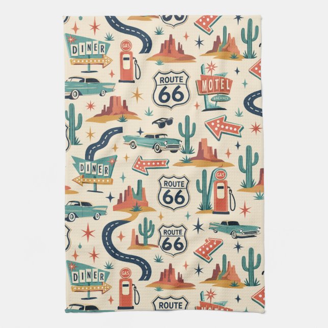 Route 66 Retro Roadside Kitchen Style Tea Towel (Vertical)