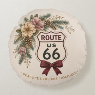 Route 66 Reversible Buffalo Plaid Holiday Art Round Cushion