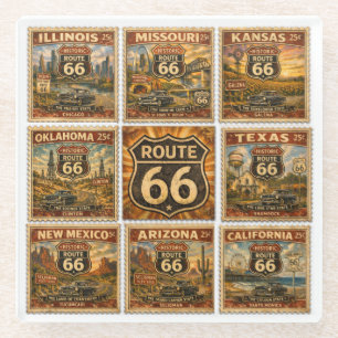 route 66 Roadside Stamps Vintage Home Bar Art Glass Coaster