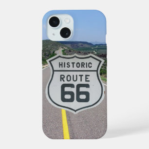 Route 66 Shield on Highway Background iPhone 15 Case