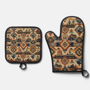 route 66 Southwest Motorcycle Kitchen Decor Art Oven Mitt & Pot Holder Set