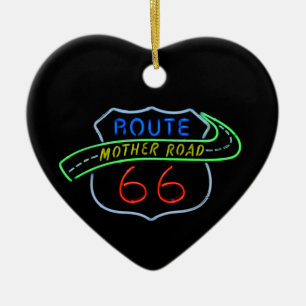 Route 66, The Mother Road, Neon Sign Ceramic Ornament