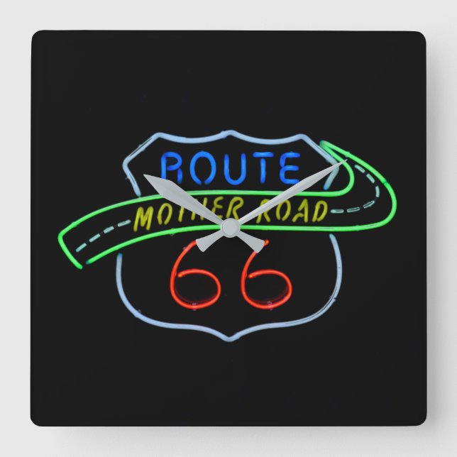 Route 66, The Mother Road, Neon Sign Square Wall Clock (Front)