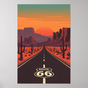 Route 66 USA Vintage Sunset Desert Poster
