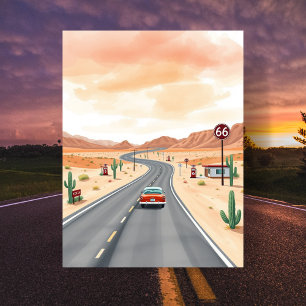 Route 66 USA Vintage Watercolour Travel Postcard