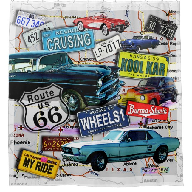 Route 66, Vintage cars, Road Trips Shower Curtain (Front)