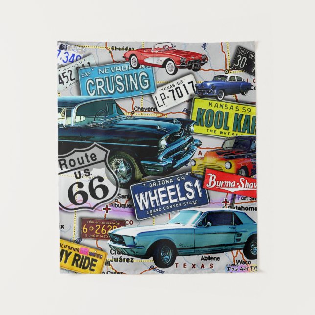 Route 66, Vintage cars, Road Trips Tapestry (Front)