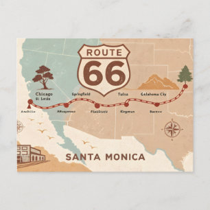 Route 66 Vintage Map with Historic Cities Postcard