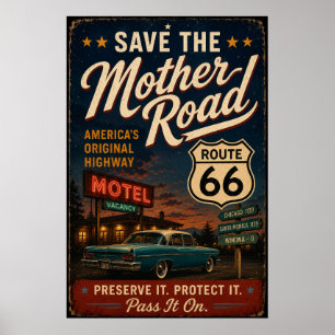 Route 66 Vintage Motel Classic Car Road Trip Poster