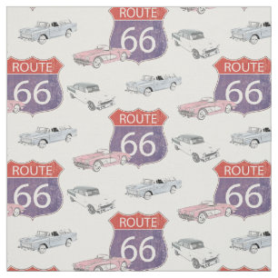 Route 66 vintage road sign with Classic Chevy Cars Fabric