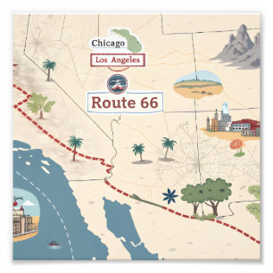 Route 66 Vintage Travel Map Illustration Photo Print