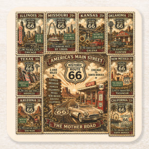 route 66 Vintage Travel Stamp Collage Square Paper Coaster
