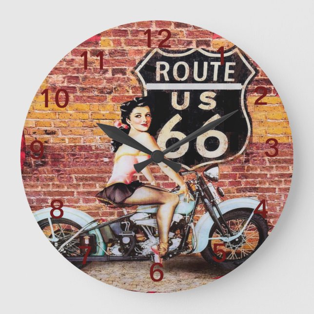 Route 66 Woman on Mototcycle Wall Clock (Front)