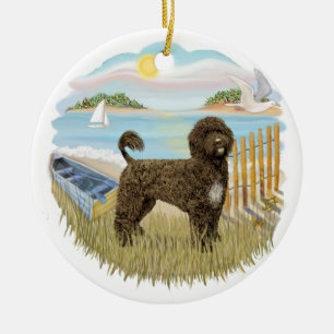 Row Boat - Portuguese Water Dog (brown) Ceramic Ornament