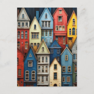 ROW HOUSES COLORFUL ART POSTCARD