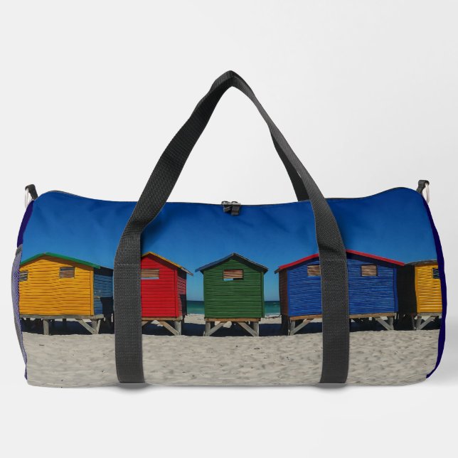 Row of Brightly Coloured Beach Huts Duffle Bag (Back)