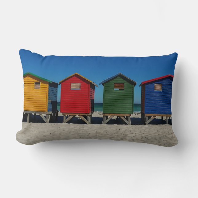 Row of Brightly Coloured Beach Huts Lumbar Cushion (Front)