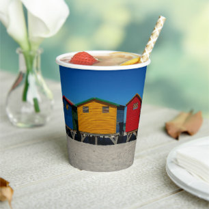 Row of Brightly Coloured Beach Huts Paper Cups