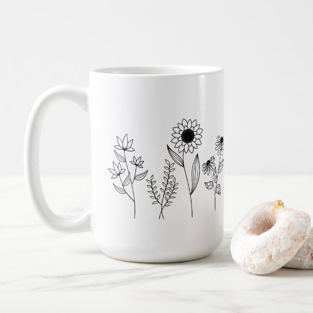Row of Floral Stems Boho Line Art Coffee Mug (With Donut)