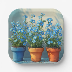 Row of Forget-Me-Not Flower Pots Paper Plate