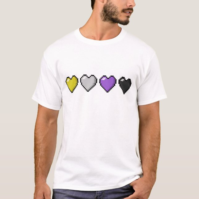 Row of Four Non-Binary Pride Flag Pixel Hearts T-Shirt (Front)