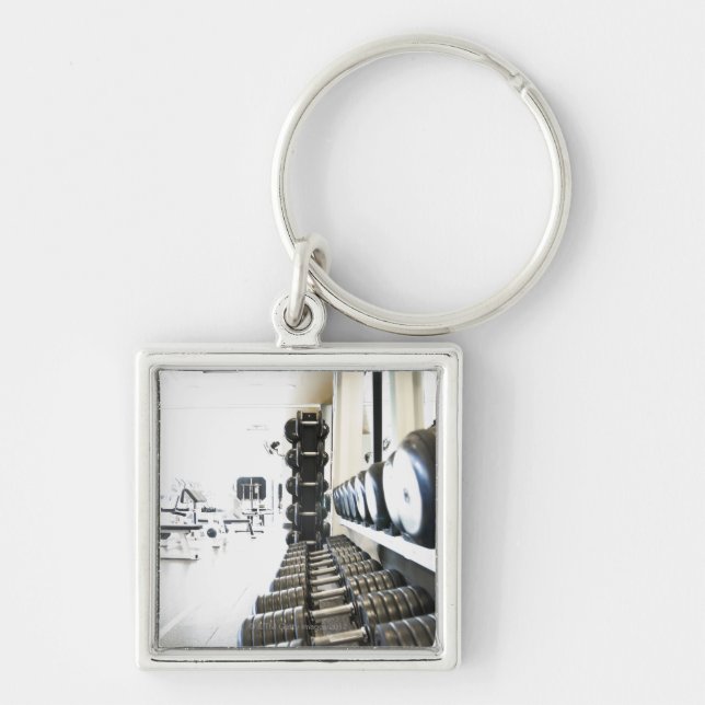 Row of free weights in foreground and exercise key ring (Front)