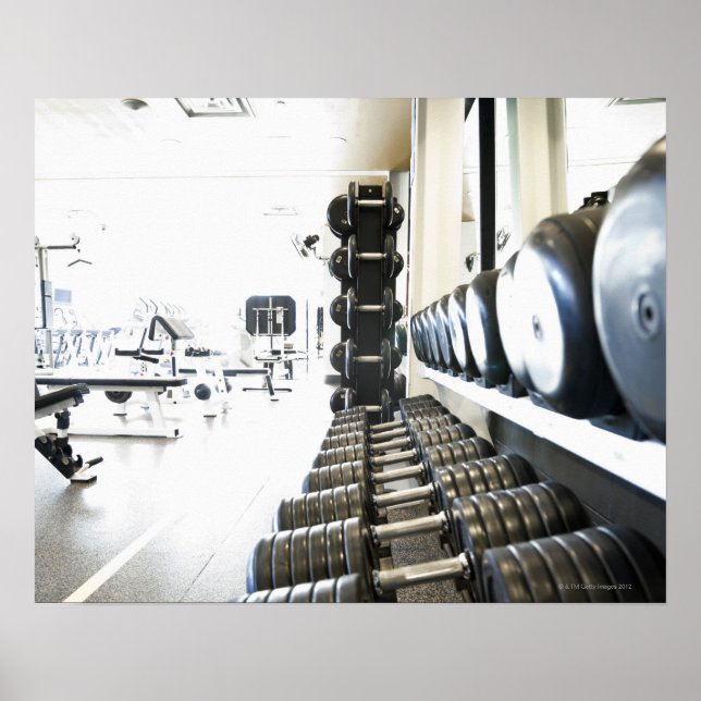 Row of free weights in foreground and exercise poster (Front)